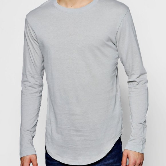 Mens Long Sleeve Longline Scoop T shirt Silver XL - Picture 2 of 4